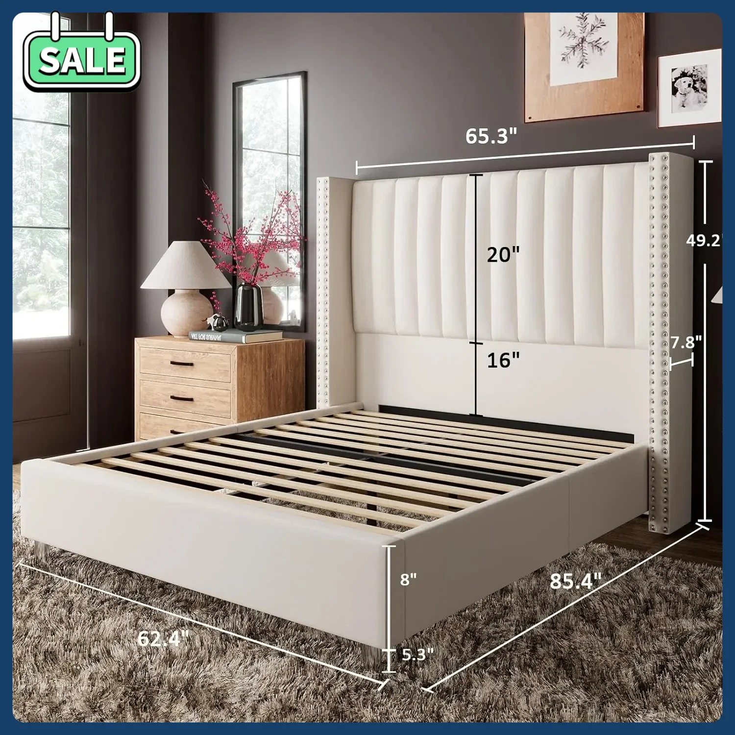 

Tufted No Box Spring Needed - Elegant Queen Size Bed Frame Upholstered Platform Bed with Tall Headboard Wingback Velvet Channel