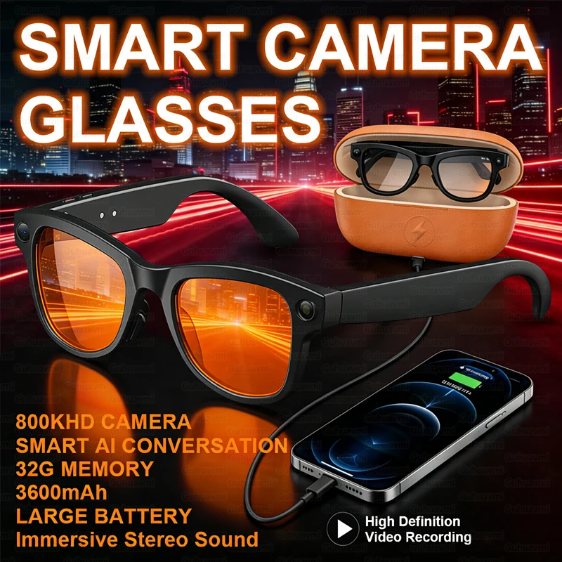 

2026 New 8MP HD Camera 3600mAh Large Battery Smart Glasses 120+Language Translation Bluetooth Call Music Player AI Chat Glasses