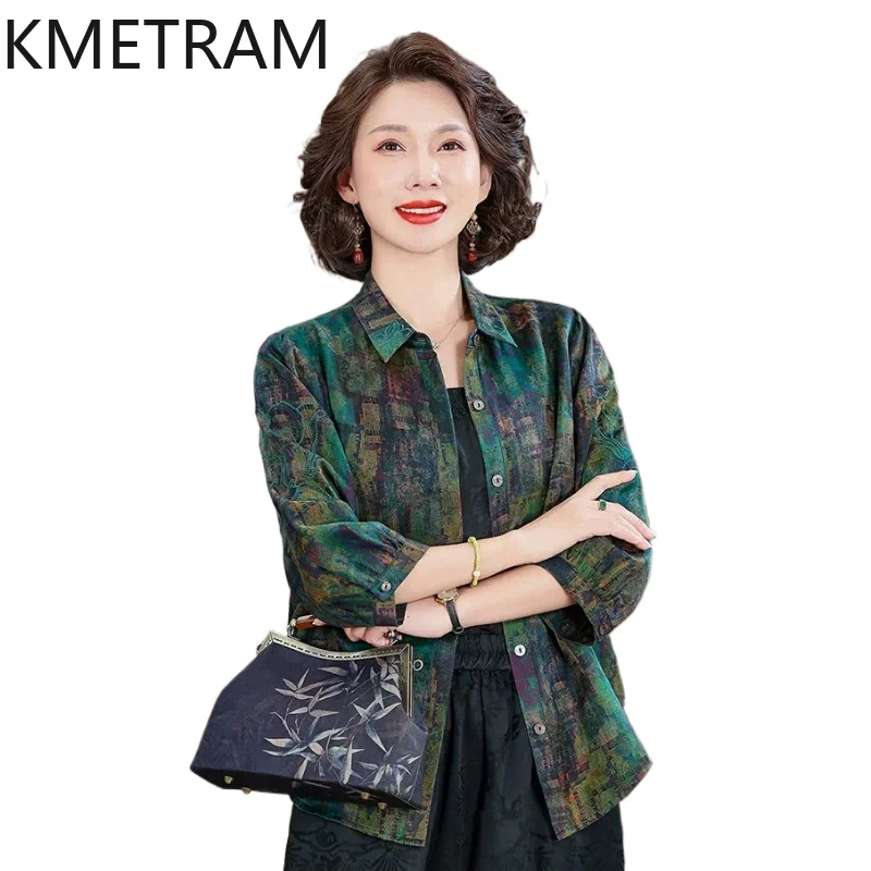 

KMETRAM 100% Mulberry Silk Women Shirt 35MM Silk 2026 Spring Retro-printed Polo-neck Three Quarter Sleeve Shirts Рубашка Женская