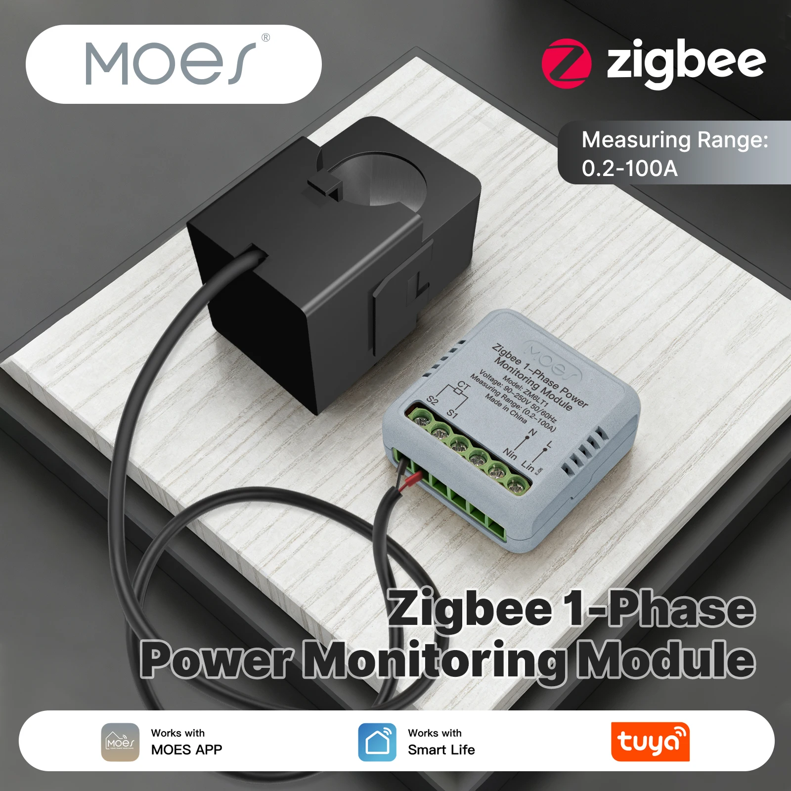 MOES Zigbee Smart 1-Phase Energy Power Meter 100A Tuya APP Monitoring Module Bidirectional With Current Transformer Sensor Clamp