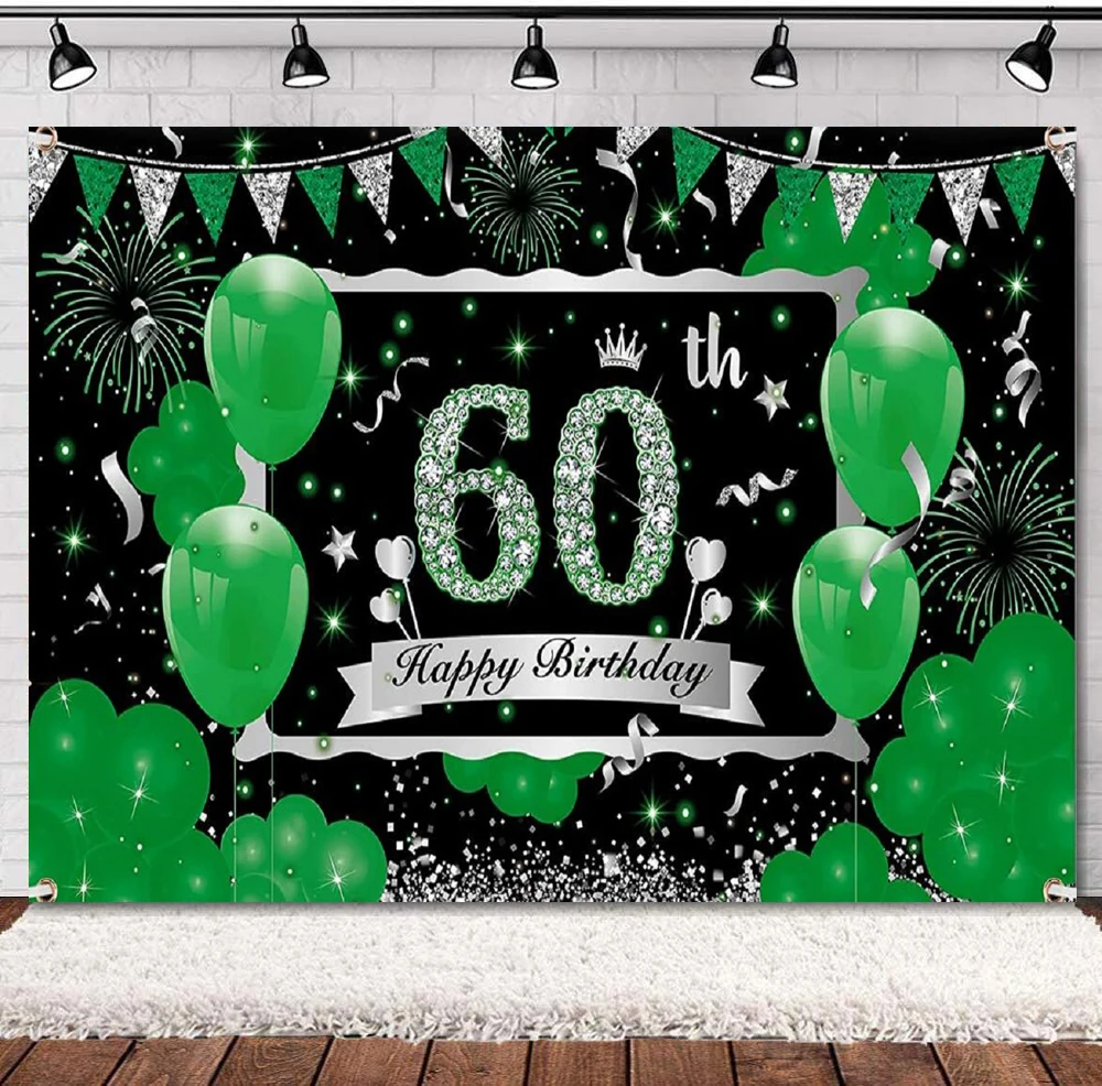 

Photography Backdrop Green 60th Birthday Banner Decorations Green Silver Balloon Fireworks Background Poster Supplies