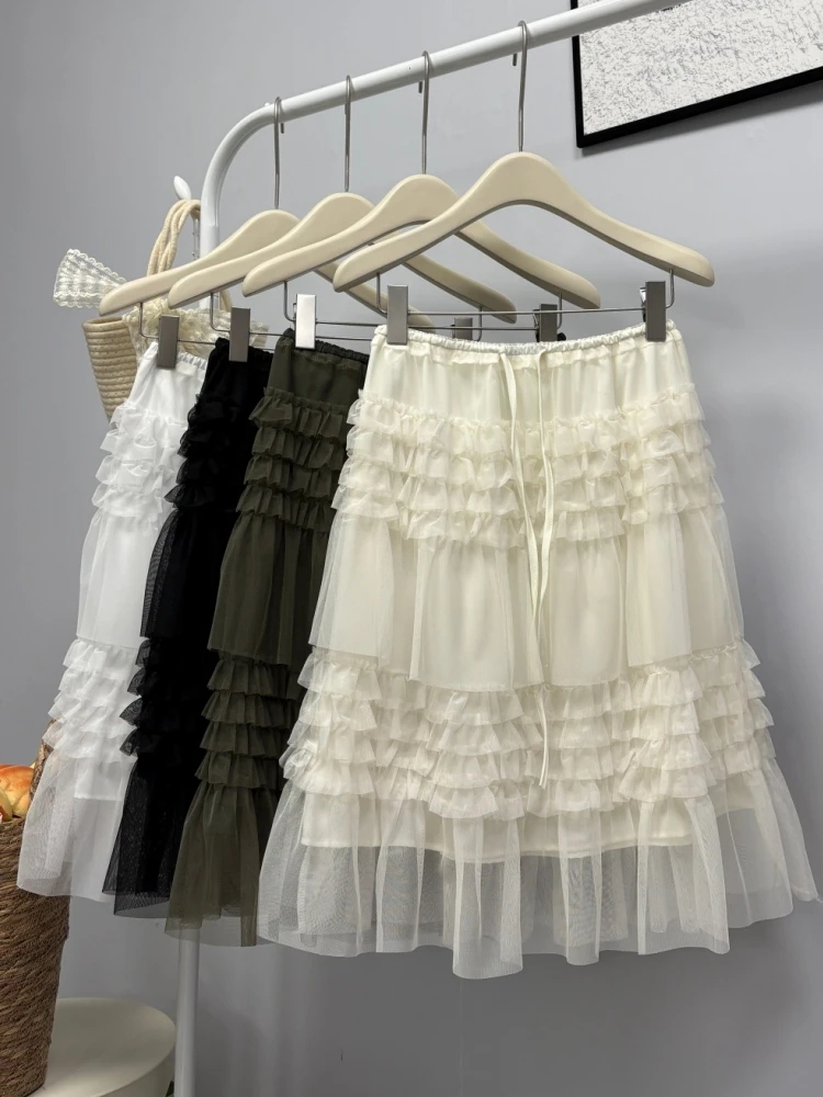 Midi Skirt Womens Lace-Up Skirt 2026 Teen Girls Goth Lolita Spring Summer High Waist High Low Layer Ruched Ruffle Skirts rok