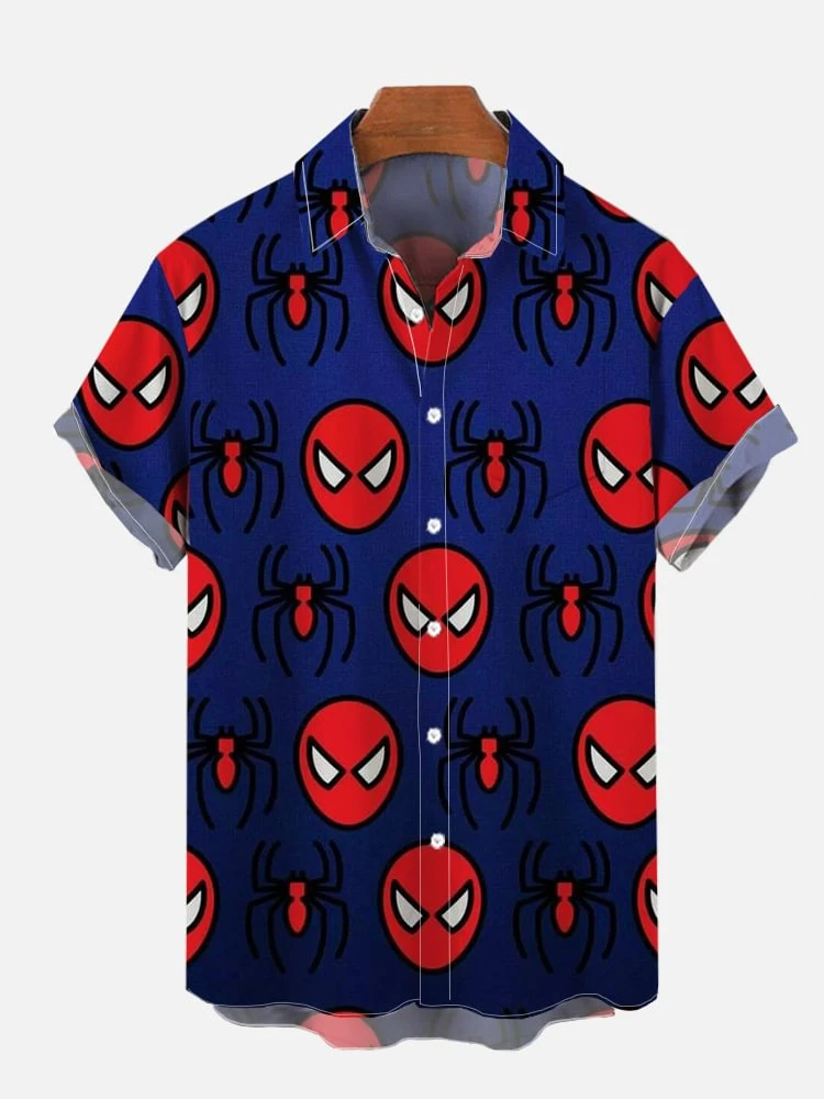 Gradient Blue Halloween Spiders Pattern Printing Breast Pocket Short Sleeve Shirt Fashion Trend Breathable Loose Versatile