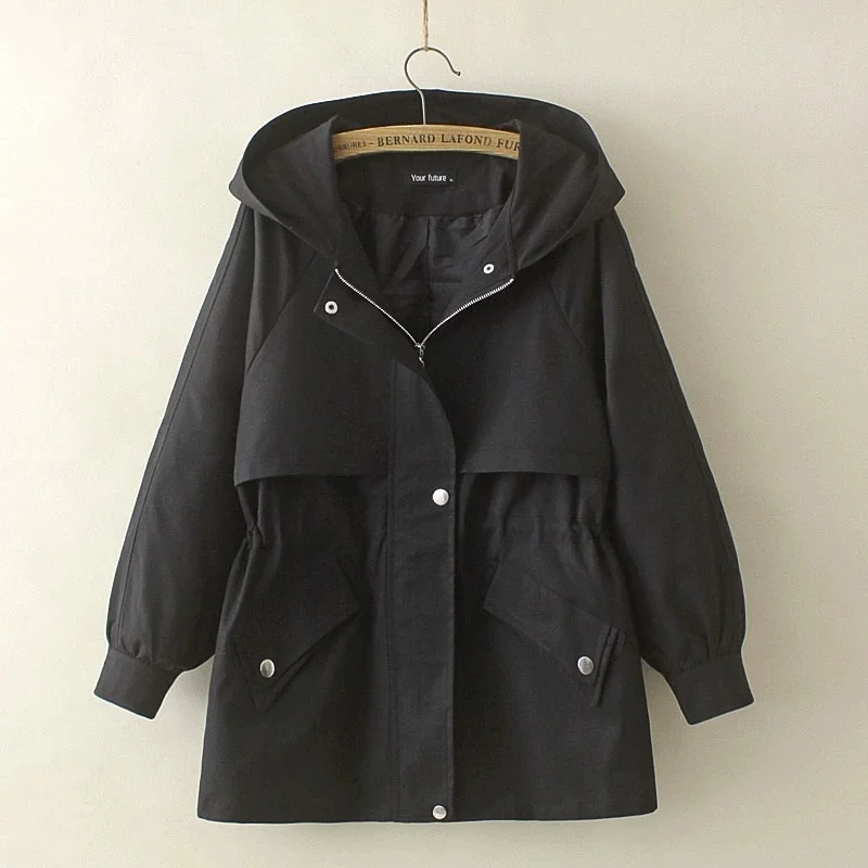 

2025 Middle-aged Women's Large-size Trench Coat Hooded Windbreaker Spring Autumn Drawstring Zipper-up Outerwear Casual Overcoat