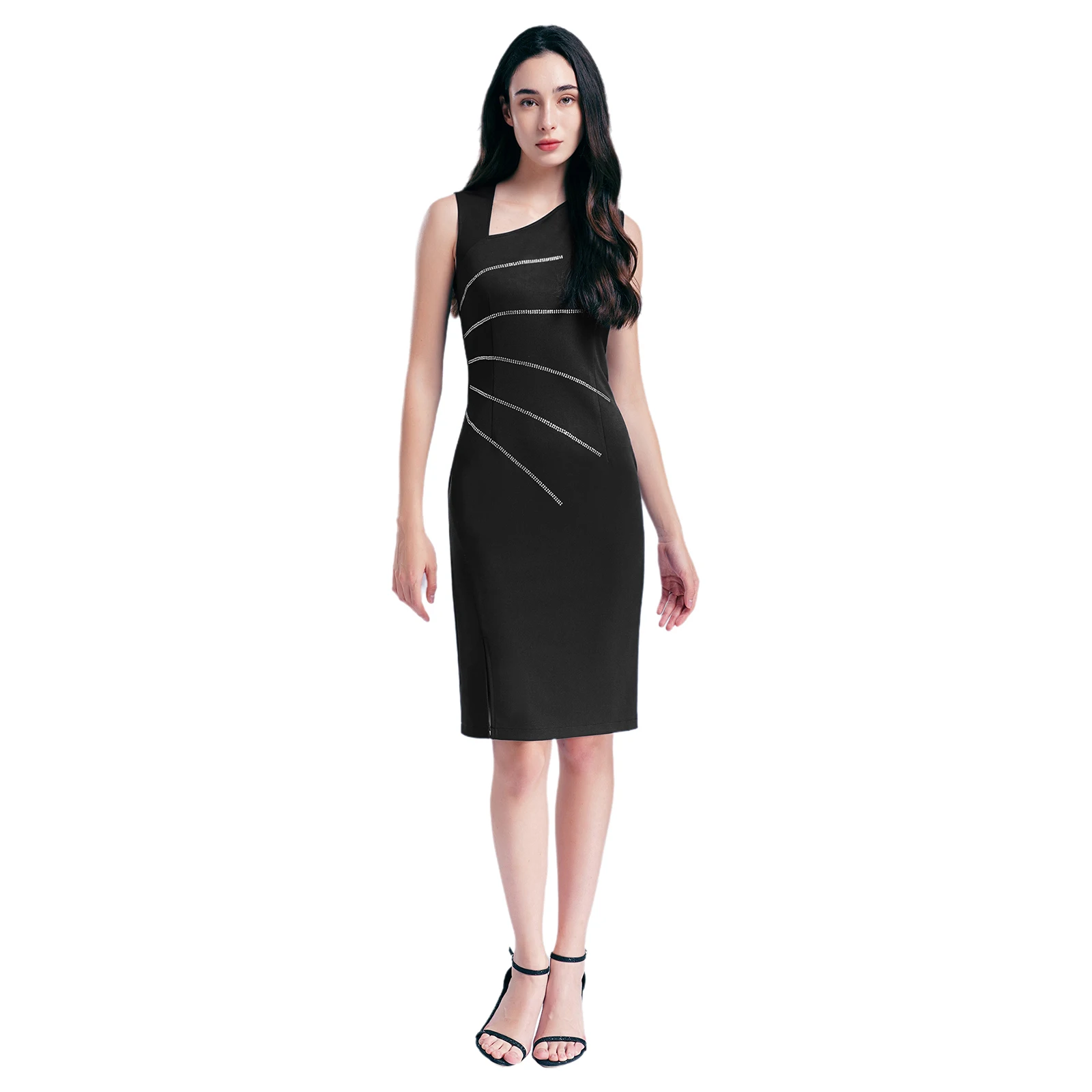 Vestido feminino elegante sem mangas com gola V, slim fit, divisão lateral, vestido regado para jantar à noite, baile, noite