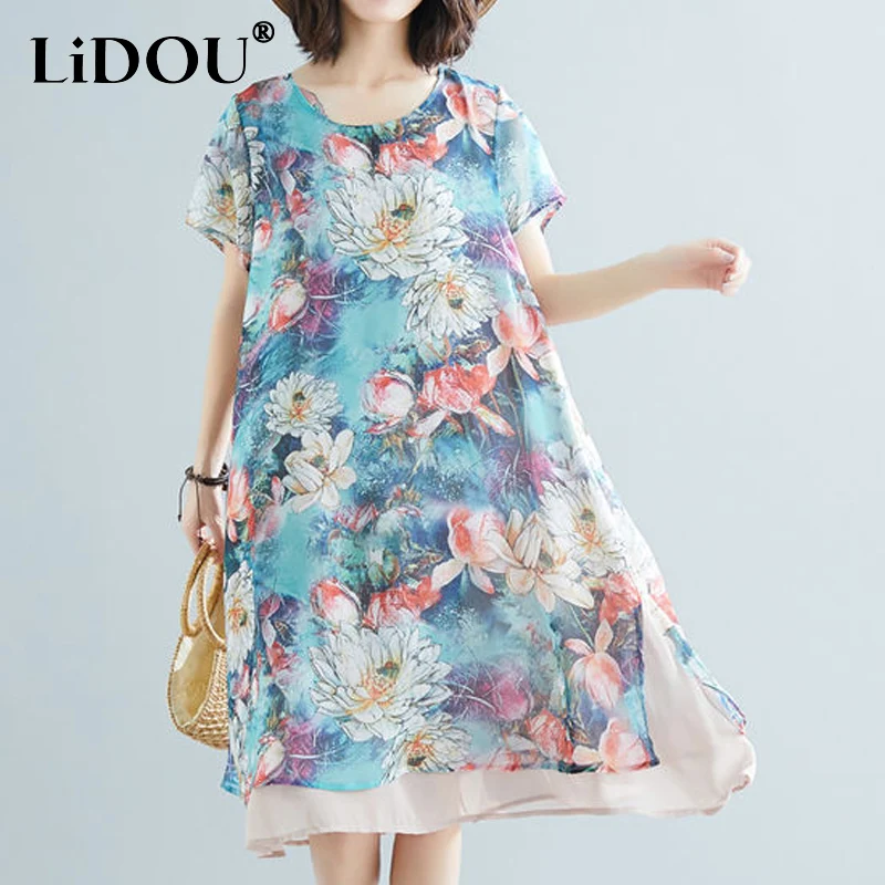 2023 summer new Round neck Vintage elegant Floral printing casual dresses women Loose Casual Comfortable A-line Chiffon dresses