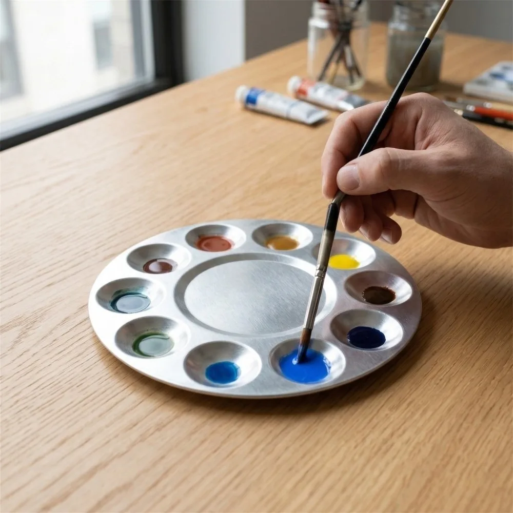 Aluminium Material Watercolor Paint Palette 10 Compartments Washable Paint Mixing Palette Metal Construction Round Shape