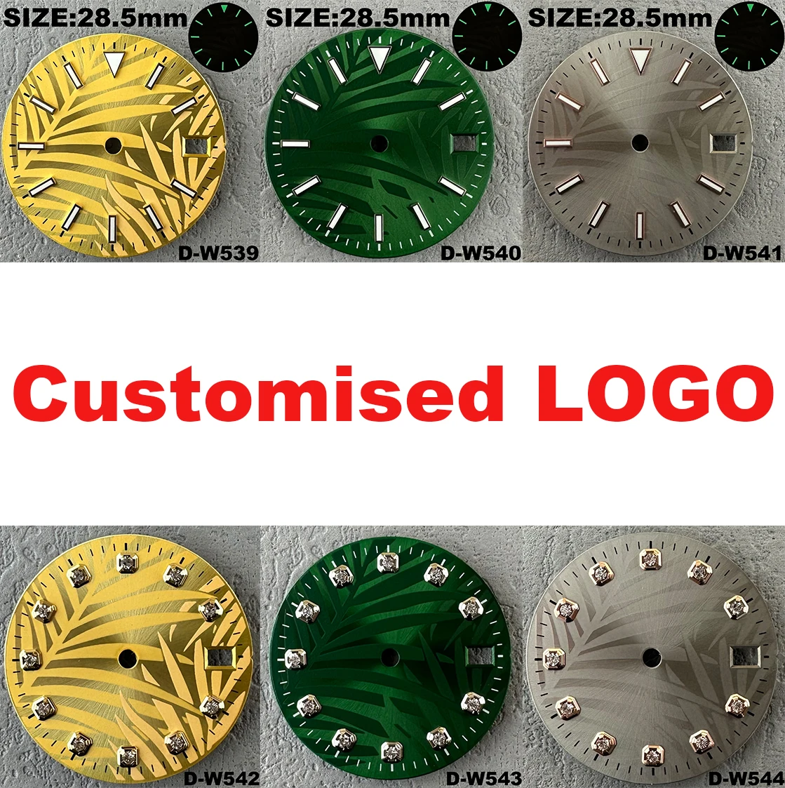 28.5mm orologio foglia modello quadrante logo personalizzato quadrante diamantato quadrante luminoso verde accessori per orologi per movimento NH35/ NH36