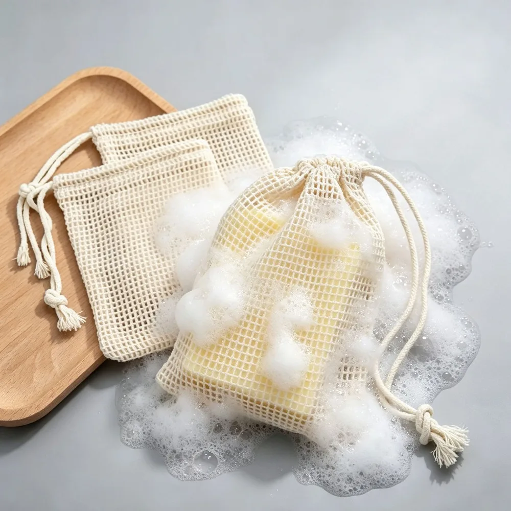 3-6Pcs Natural Cotton Mesh Soap Saver Bag Eco Friendly Handmade Lathering Soap Pouch Body Cleansing Skin Care