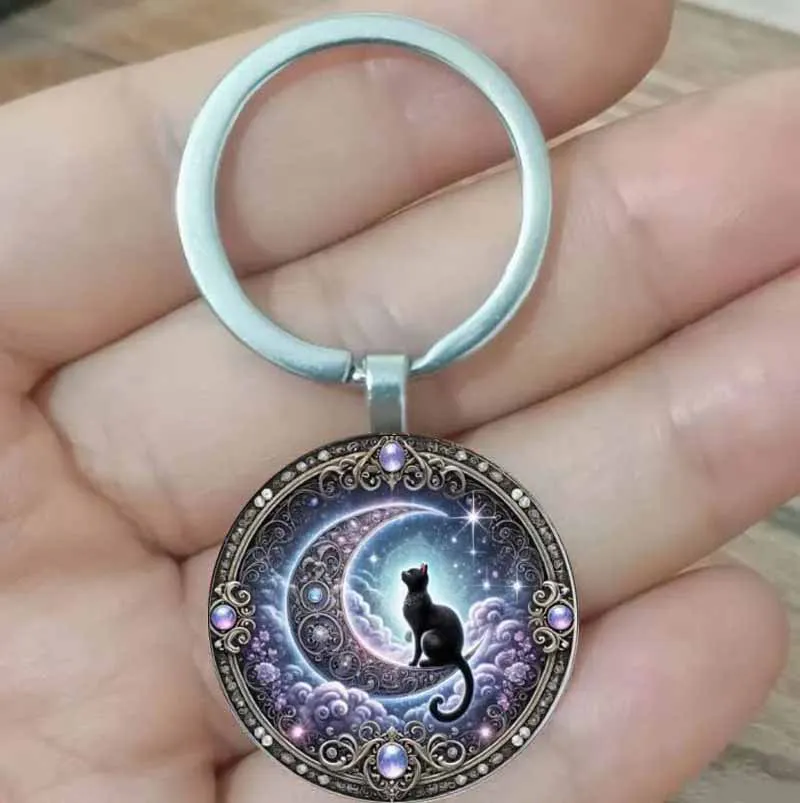 Брелок-«Черный-кот-Луна»-—-выпуклое-стекло-из-цинкового-сплава-элегантный-дизайн-идеально-подходит-для-Хэллоуина-вечеринок-в-полнолуние-и-колдовства