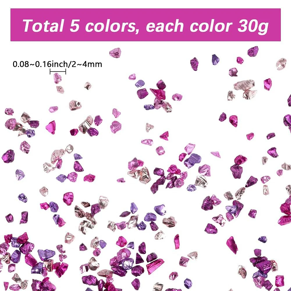 1 Box 150G 5 Colors Small Crushed Crystals Pink Broken Glass Bulk Metallic Chips Irregular Flakes Glitter Crystals for Crafts