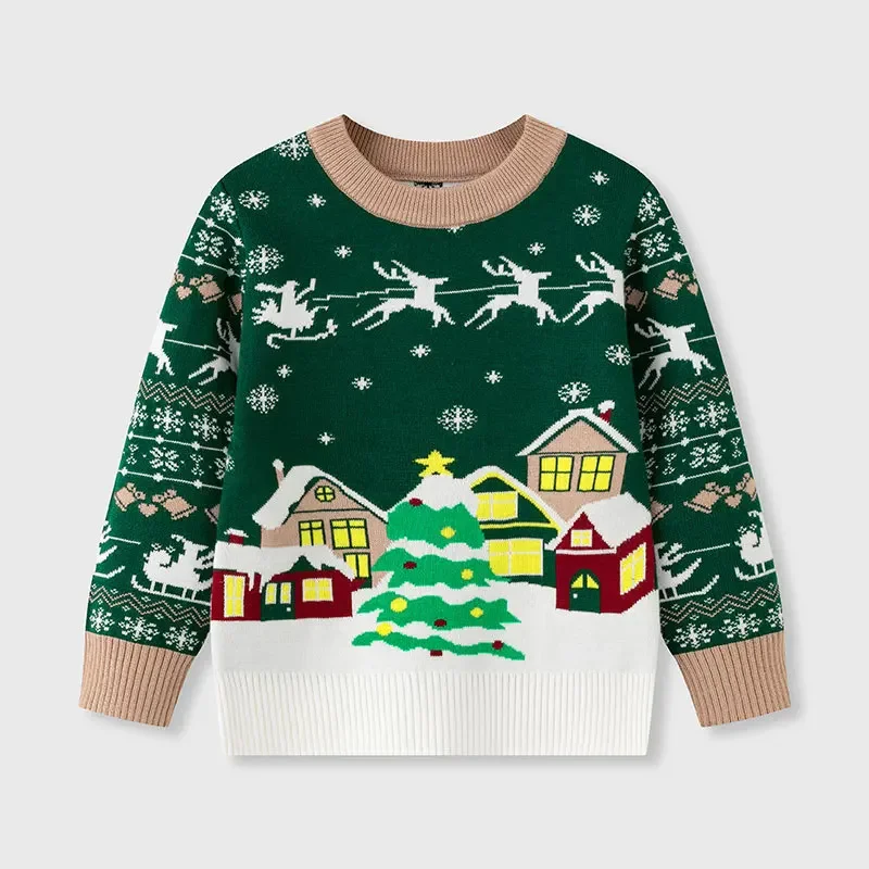 

New Year's Costume Kids Christmas Sweater Cartoon Full Sleeve O Neck Thick Warm Knitwear Green Soft Jumpers Boys Girls Xmas Look