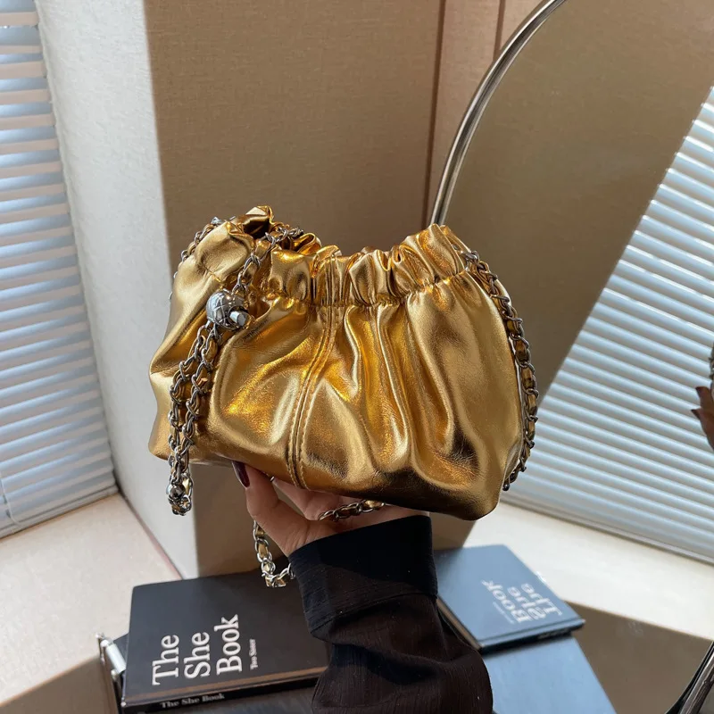 

2025 Trendy Wrinkled Bucket Bag Womens Chain Strap Shoulder Purse Fashionable Crossbody Bag for Daily Outfits