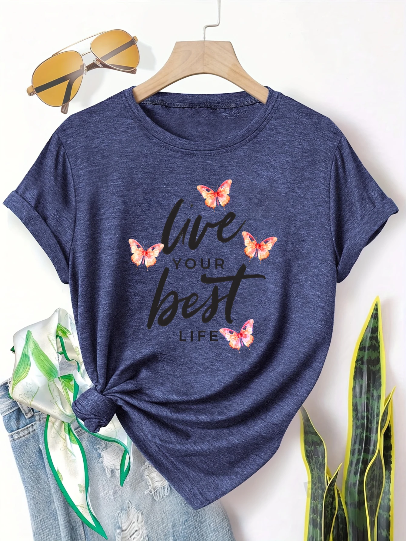 

Plus size women's short sleeve T-shirt Live Your Best Life Butterflies Spring and Summer Must-Haves summer outfits women's
