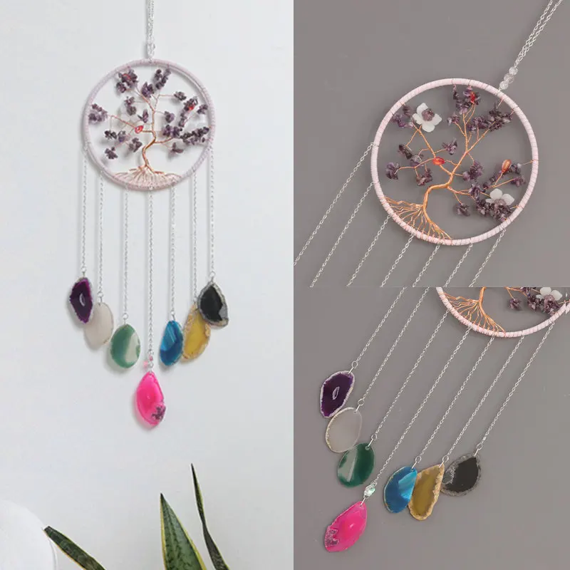 Crystal Gem Dream Catchers Agates Slices 7 Chakra Gemstone Stones Hanging Tree of Life Amethyst Suncatcher Meditation Home Decor