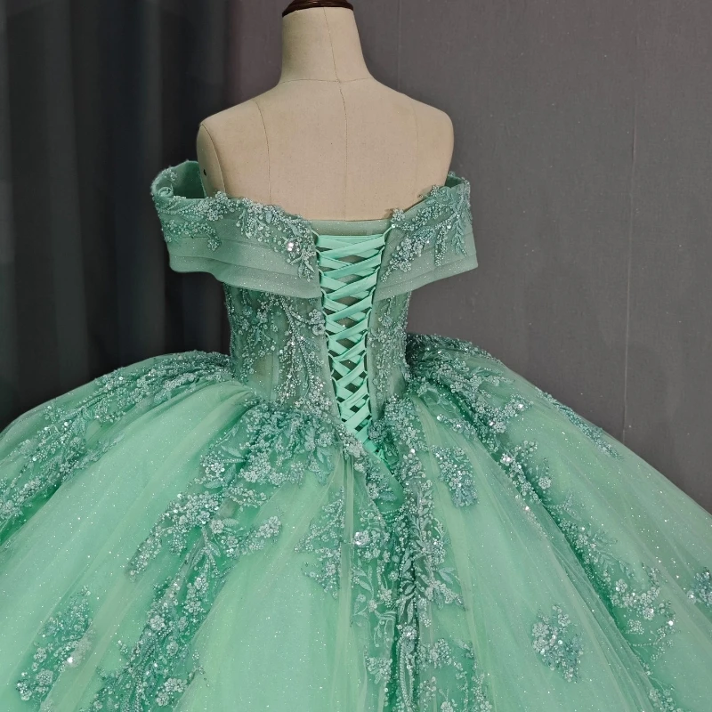 Mint Green Sparkly Princess Quinceanera Dresses Off Shoulder Gillter Beads Crystal Corset Sweet 16 vestidos de 15 años quinceañ