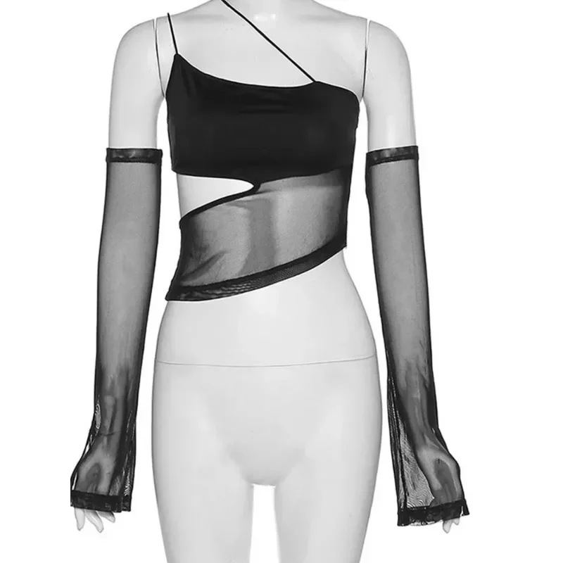 Asymmetrisch aus geschnittenes Mesh-Crop-Top mit Ärmeln Fairy Grunge Kleidung transparente Leibchen Tanktops sexy