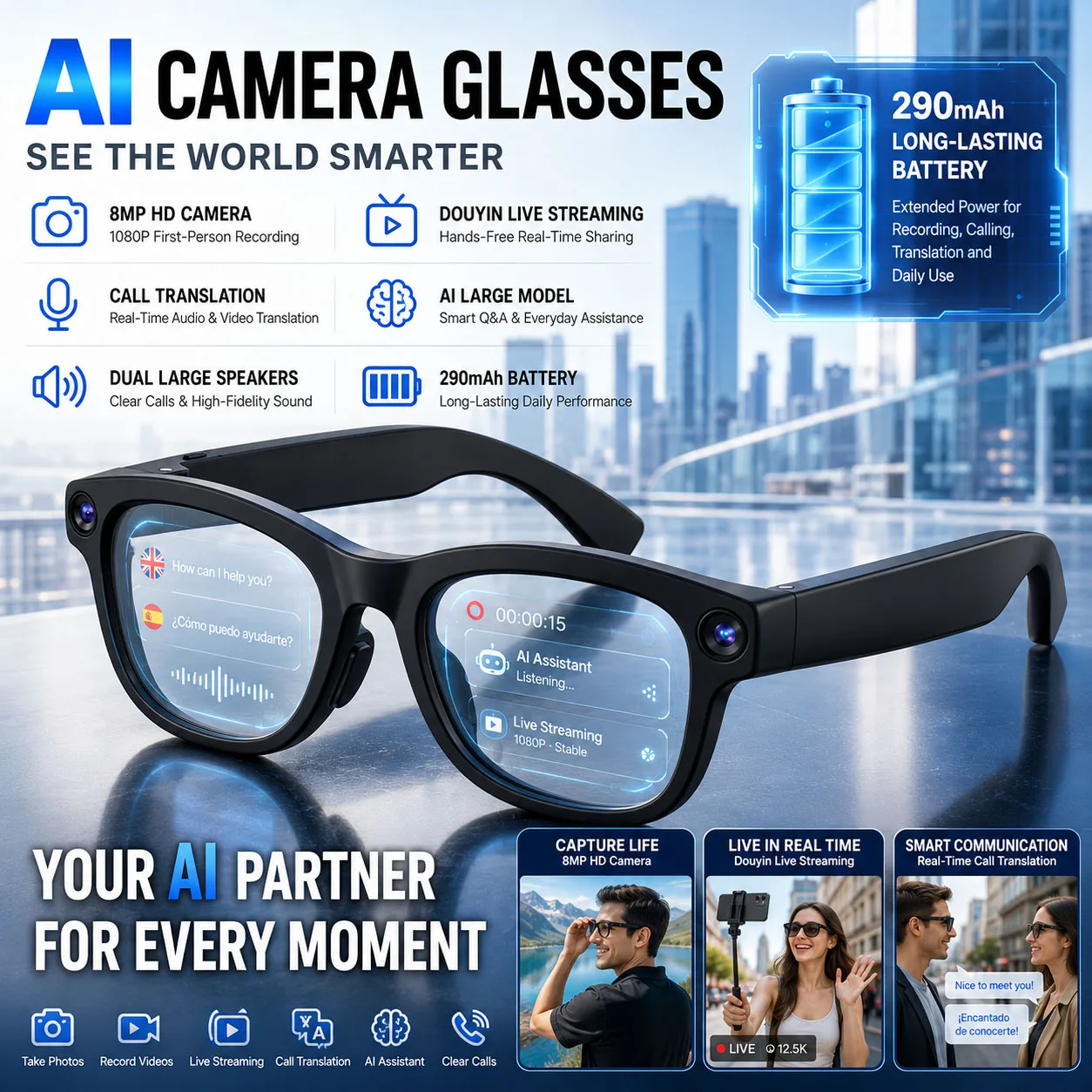 800W HD Camera Smart Glasses CY03 Bluetooth Voice Call AI Translation 1080P Dual Speakers Type-C Rechargeable Smart Glasses