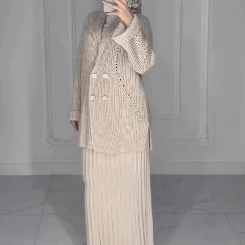 Spring Women Knit Two Piece Set Lapel Long Sleeve Button Sweater+Folded High Waist Knee Bust Skirt Autumn Female Knitted Outfit