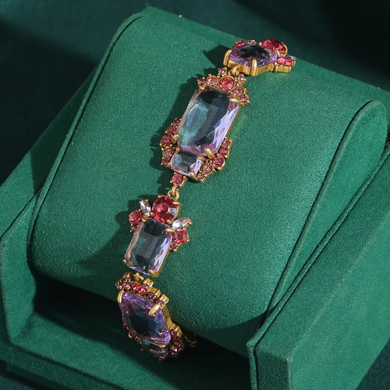 

Vintage Charms Transparent Glass Bracelet Crystal Flower Violet Luxury Gold Color Square Purple Wedding Accessories Women 2025