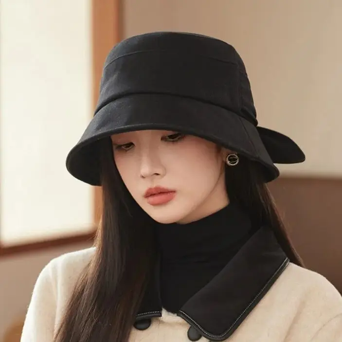 Light Luxury Temperament Bow Fisherman's Hat Autumn and Winter Wide Brim Shade Face Warm Sunscreen Basin Hat Women 56-58cm