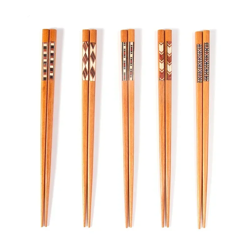 Solid wood chopsticks single and double collage color strips household chopsticks Japanese wooden tableware