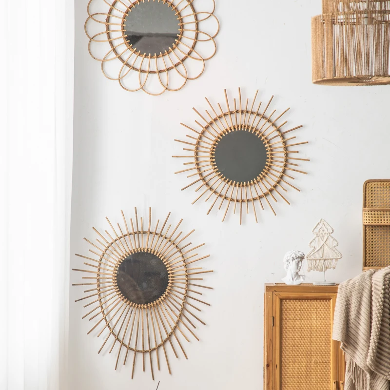 INS Style Decorative Mirrors Natural Wicker Woven Vanity Mirror Nordic Wall Basket Decor Homestay Hanging Ornament Room Decor