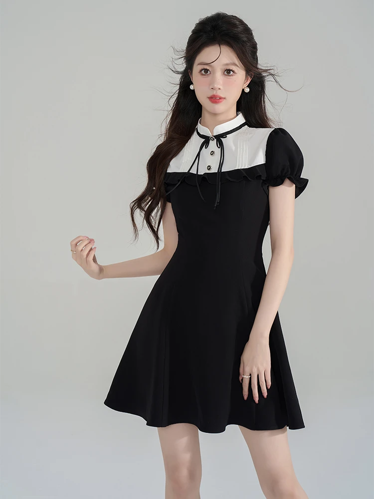 French Hepburn Style Stand Collar Lace-up Bow Ruffled Flared Sleeves High Waist Slim Fit A-line Sweet Black Short Dress Women