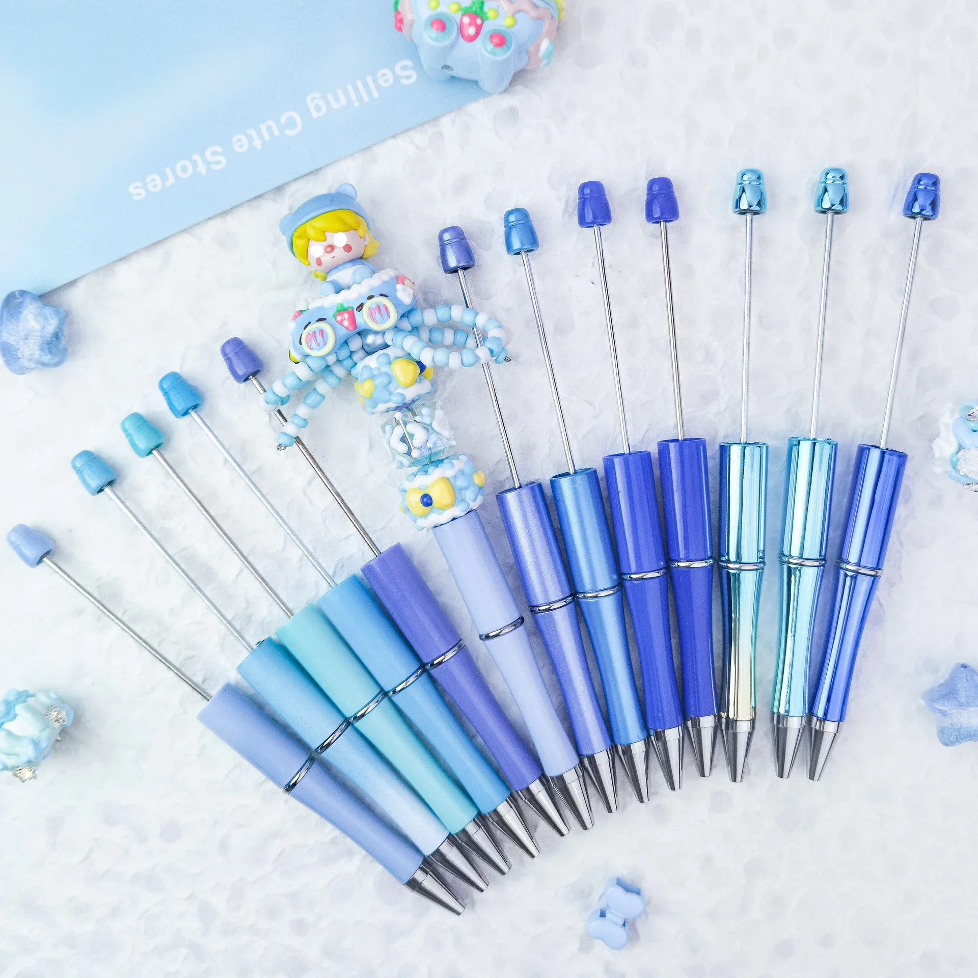 50Pcs DIY Bead Pen Particle Beaded Ballpoint Pen Blue Series Creative Electroplating Gradient Bead Spinning Ballpoint Pens