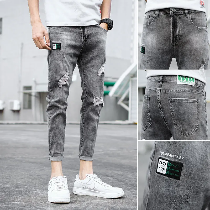 

Summer 2022 Fashion Denim Thin Jeans Men's Broken Ripped Holes Slim Korean Men's Feet Elastic Leisure Brand Grey Pants Hombre