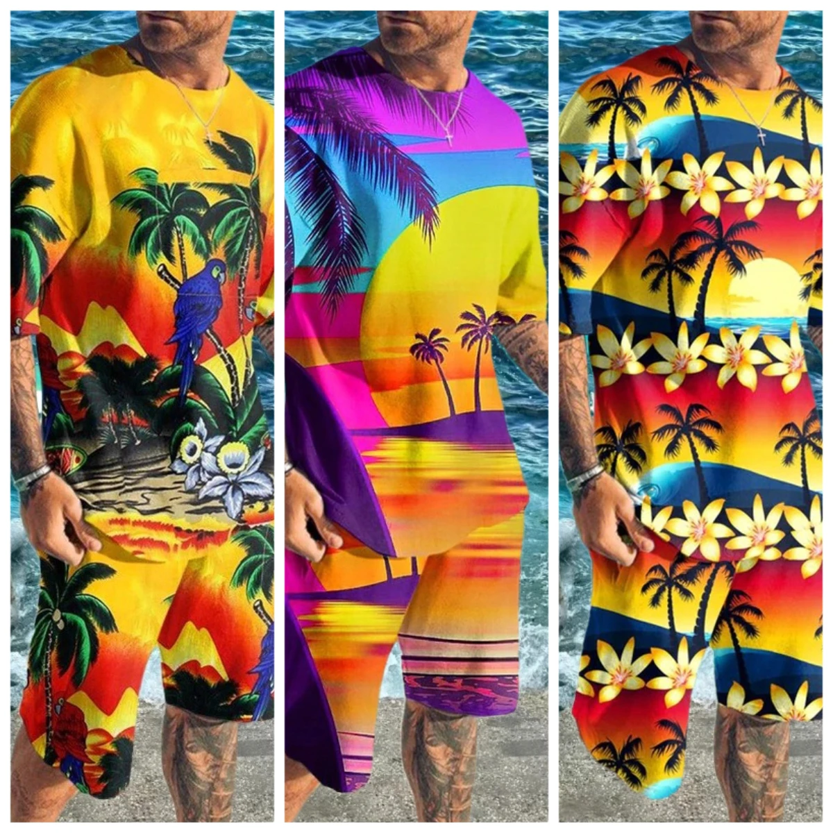 

25/26 New Hawaii 3D Print Tracksuit Summer Men's Short Sleeve T-shirt Sets Fashion Streetwear T Shirts Shorts 2 Piece Sportswear