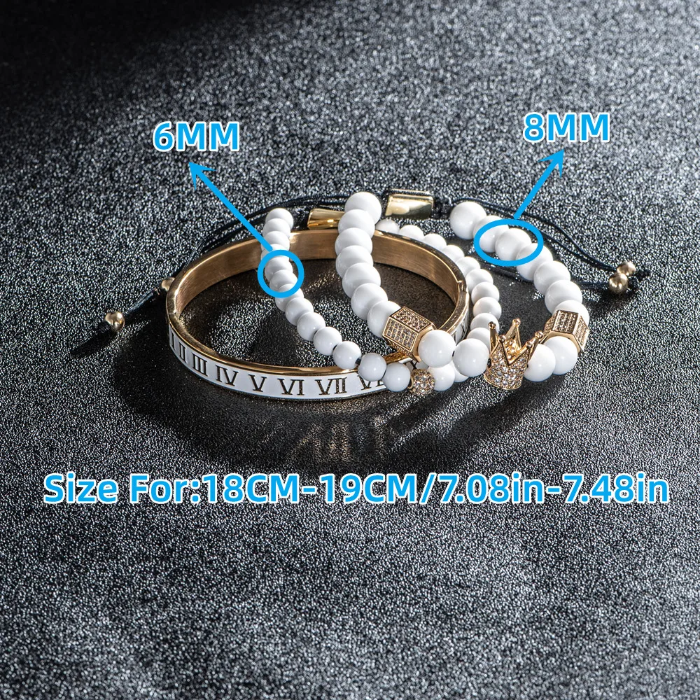 Luxury Charm CZ Crystal Crown Gold Color Bracelet Men White Enamel Roman Number Stainless Steel Bangles Europe Fashion Jewelry