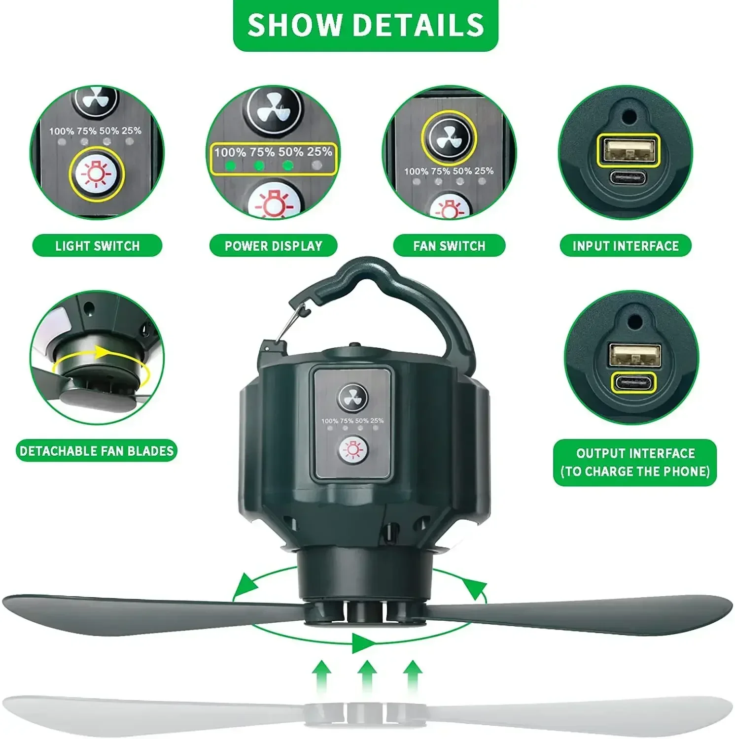 야외 캠핑 팬 휴대용 텐트 천장 팬 10400Mah USB 충전식 교수형 후크 LED 캠핑 랜턴 원격 제어