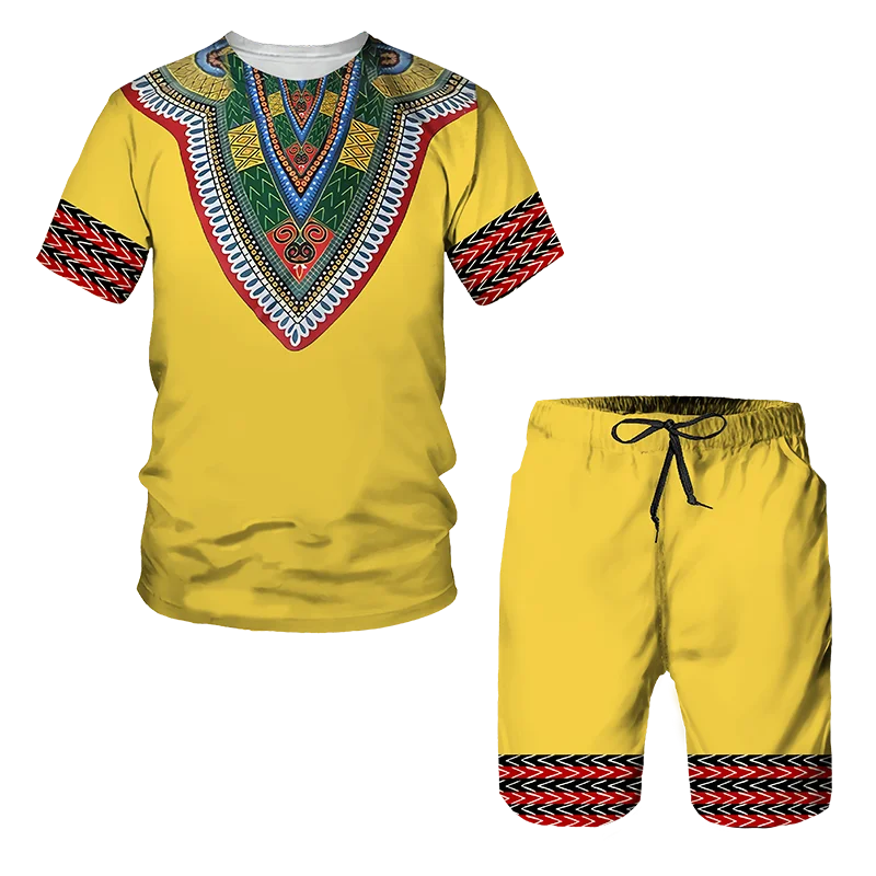 African Style Totem Print Men\'s Round Neck Tracksuit Sets Summer T-Shirt Shorts 2pcs Set Oversized Pullover Fashion Men Clothing