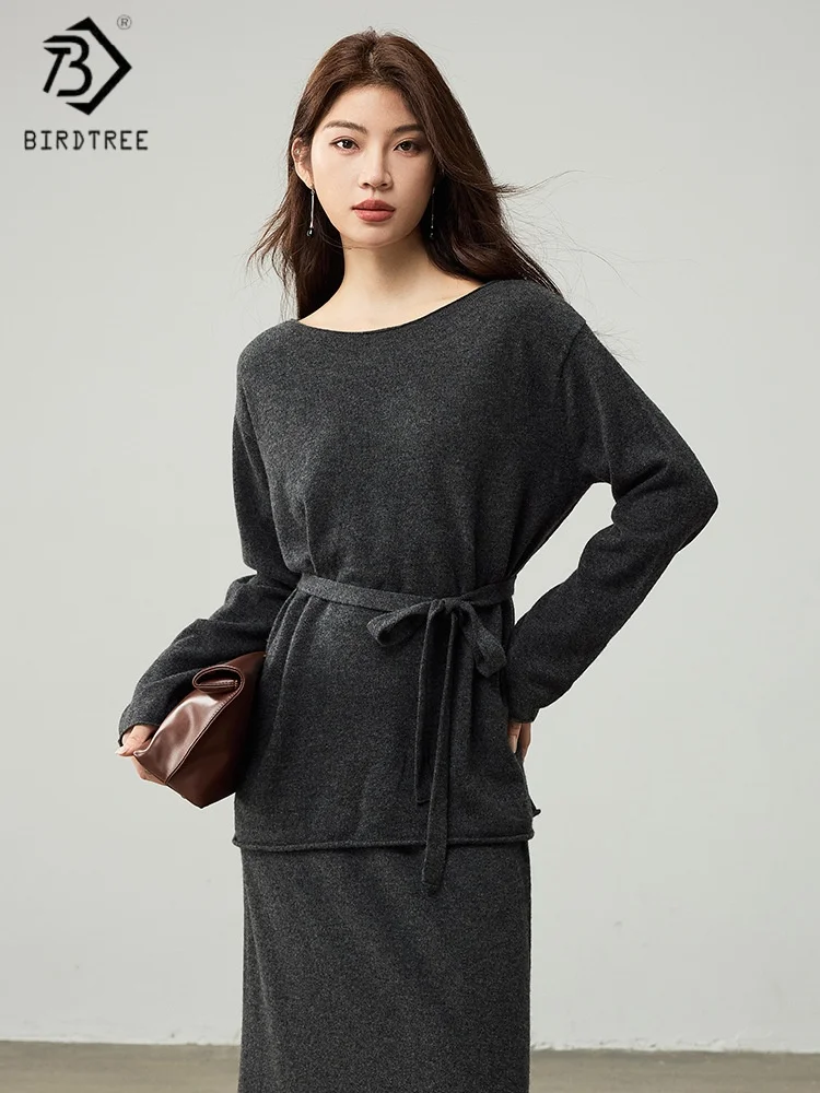 

Birdtree, вязаный свитер из 100% овечьей шерсти, женский трикотаж с разрезом на шее и длинными рукавами, осенний мягкий серый пуловер 2025 T59924JF