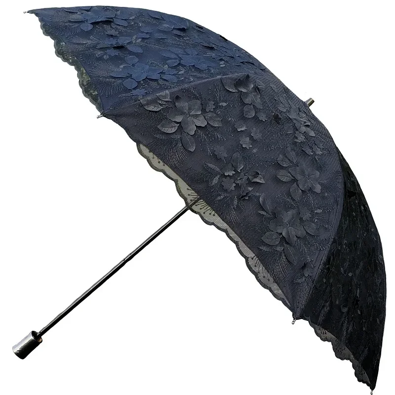 Lace Embroidered Sunny Umbrella, Two Folding Black Glue, Three-Dimensional Flower Cutting, UV Protection, Princess Umbrella