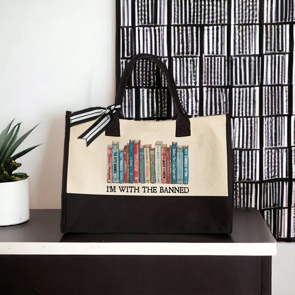 

Books Tote Bag Im With The Banned Funny Letter Print Canvas Shoulder Bag Book Lover Gift for Librarian Mom Valentines Day