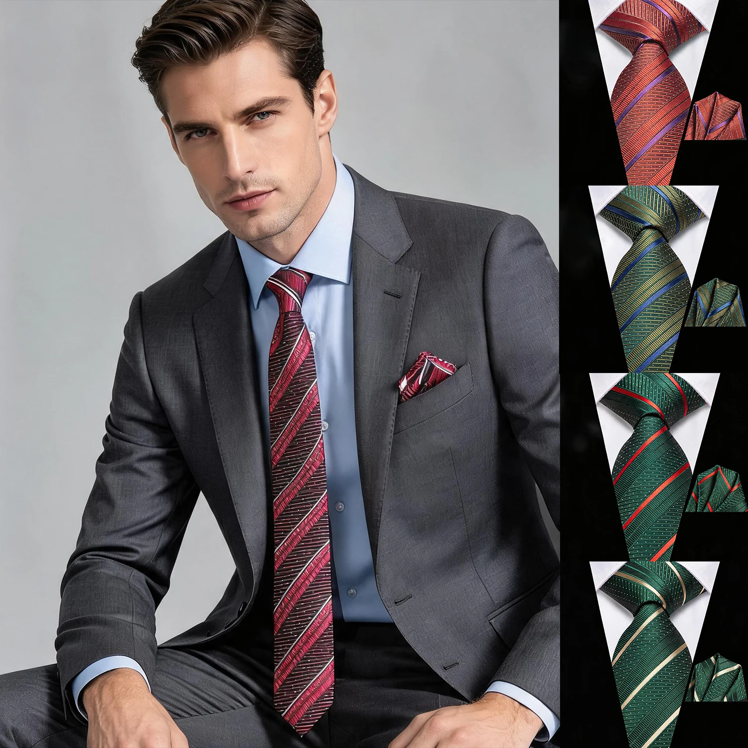 Conjunto de 2 Piezas de Corbata y Pañuelo de Bolsillo a Rayas para Hombre, Rojo/Azul/Verde/Morado, Pañuelo Formal para Traje de Negocios o Boda