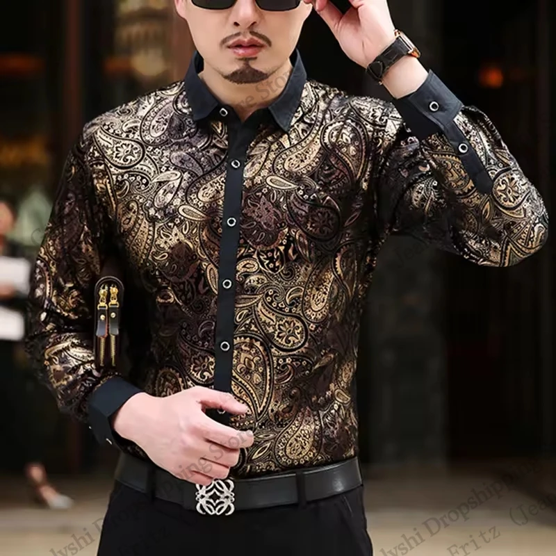 Neue Herren Luxus Schwarz Golden Plus Größe Langarm Hemd Floral Paisley 3d Druck Hawaiian Shirt Männer Frauen Mode Casual Bluse