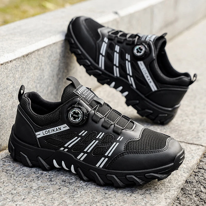 Men Rotating Buckle Hiking Shoes Non Slip Thick Sole Outdoor Trekking Climbing Sneakers Black Silver