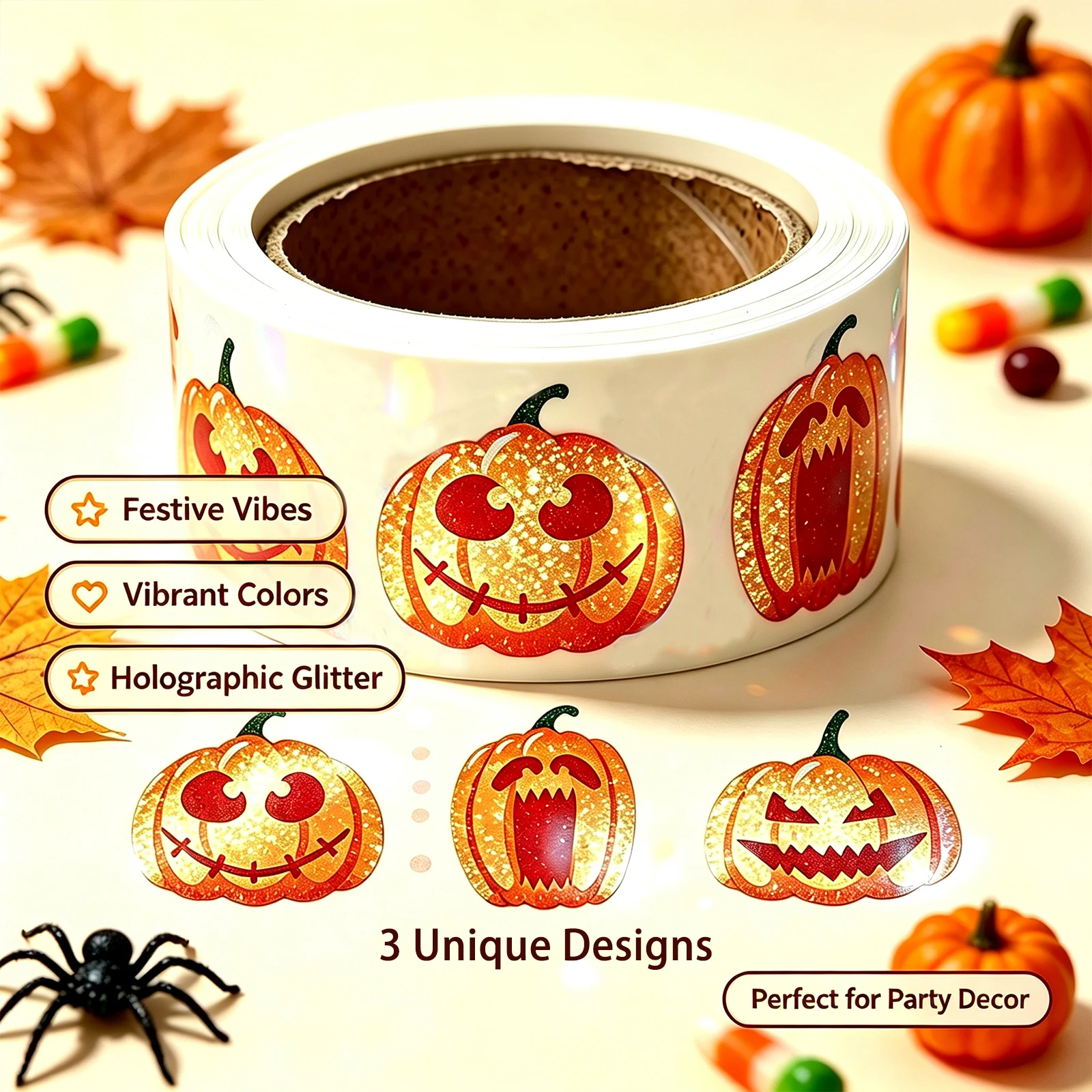 500Pcs-1In\2.5Cm Three Kinds of Pumpkin-Shaped Pattern Label Stickers on a Roll, Festive Holographic Glitter Stickers, Universal Holiday Decoration Label Stickers, Gift Envelope Outer Packaging Decoration Stickers, Holiday-Themed Party Atmosphere Sticker Rolls