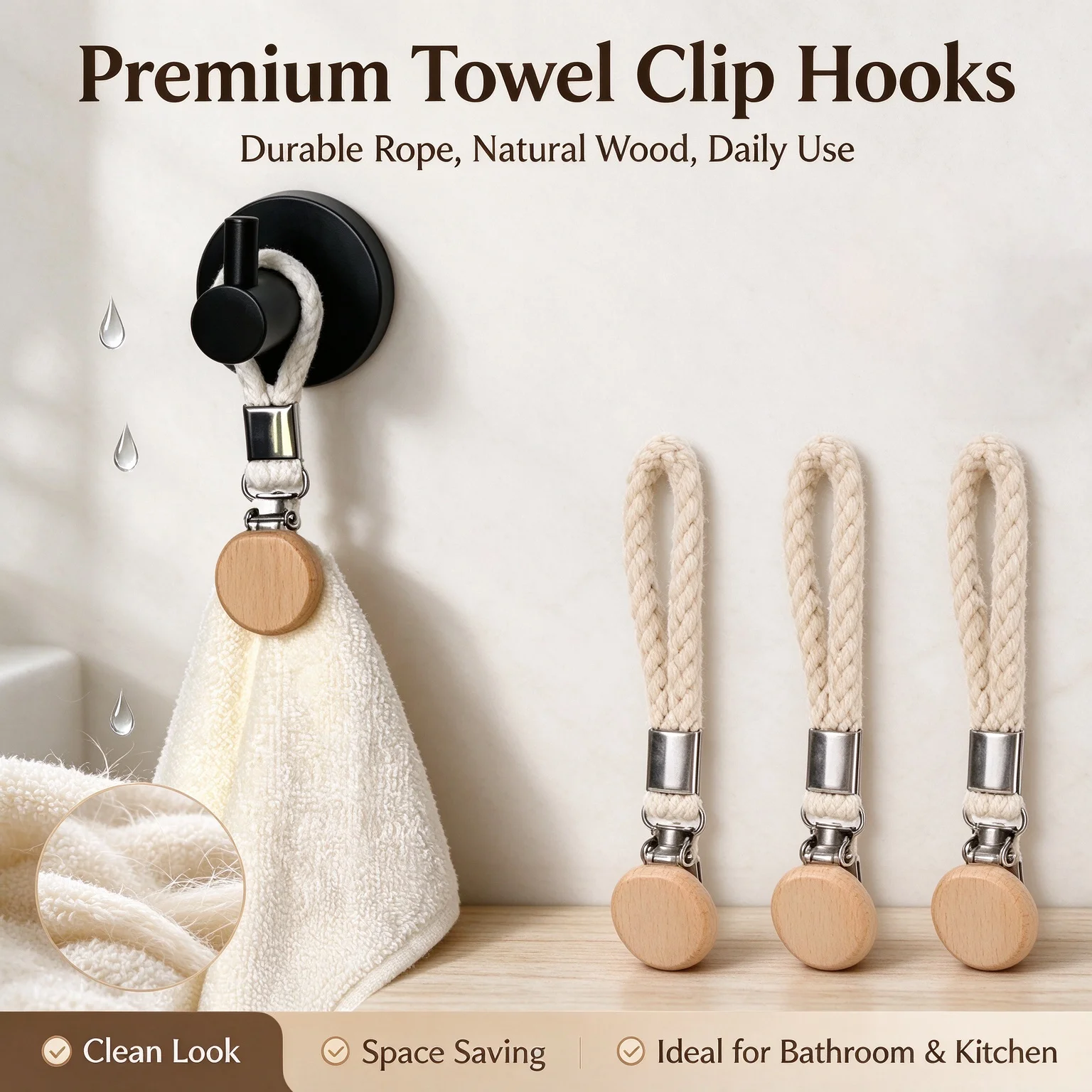 1-6pcs Kitchen Household Bathroom Towel Clip Non Perforated Towel Clip Woven Rope Beech Wood Round Head Multi Functional Storage
