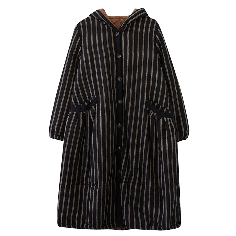 Retro Vertical Stripe Cotton Coat for Women's 2024 Winter New Loose Mid Length Knee Over Mother's Wear Plush Cotton Coat Coat B4