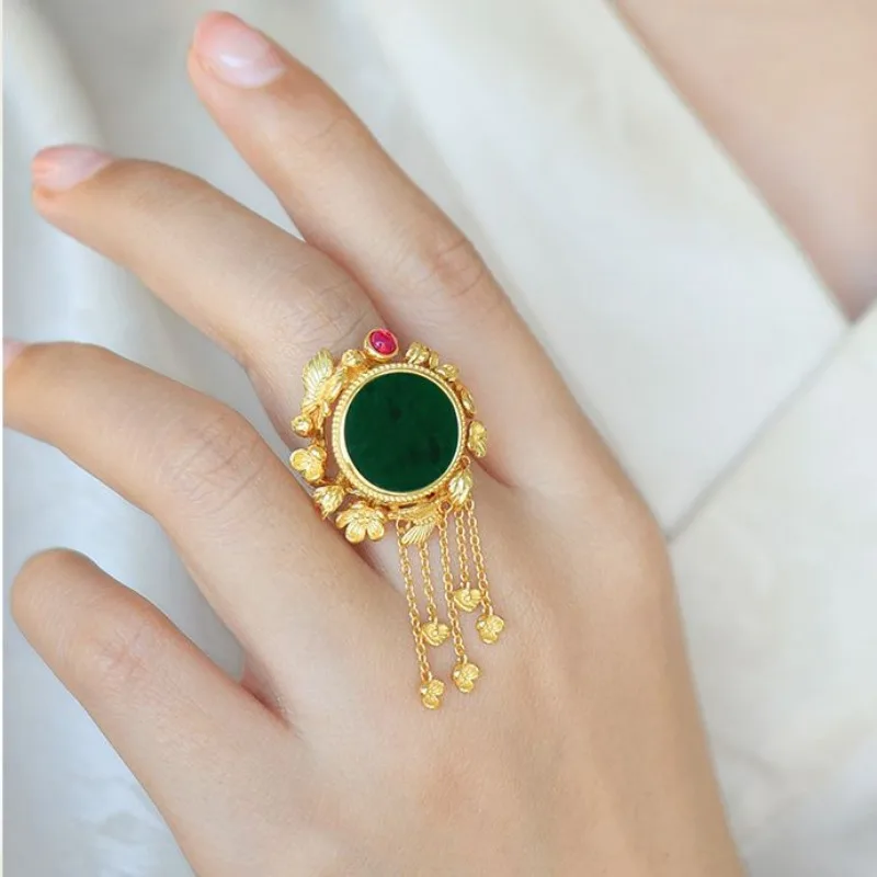 Classical Court style tassels natural Hotan Jasper jade rings for women antique gold craftsmanship high-end art jewelry