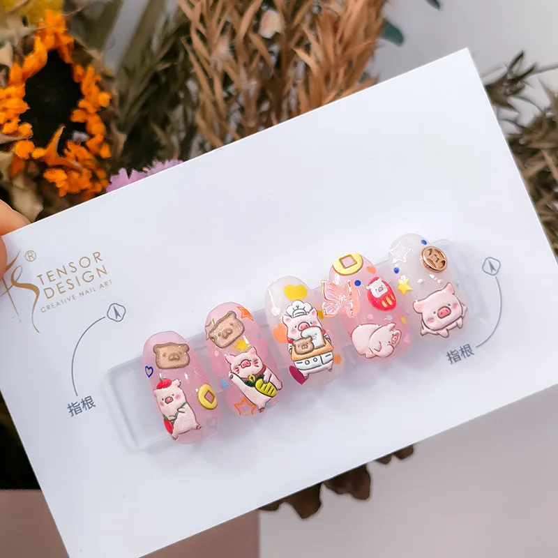 Cute Cartoon Wealthy Piglet 5D Soft Reliefs Self Adhesive Nail Art Decorations Stickers Rabbit Bear 3D Manicure Decals Wholesale