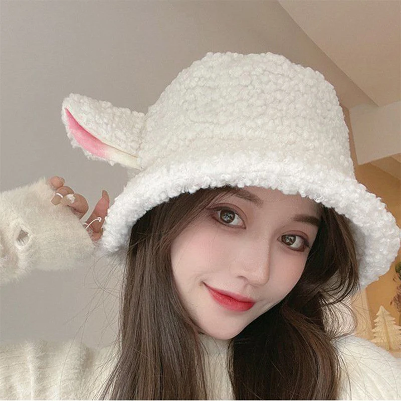 Women Autumn Winter Faux Lamb Sheep Ears Fisherman caps Cute Sweet Plush White Panama Bucket Hat