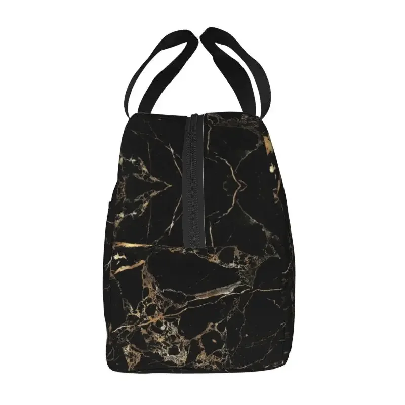 Black Marble Gold Veins Thermal Insulated Lunch Bag Geometric Portable Lunch Tote for Outdoor Camping Travel Storage Food Box