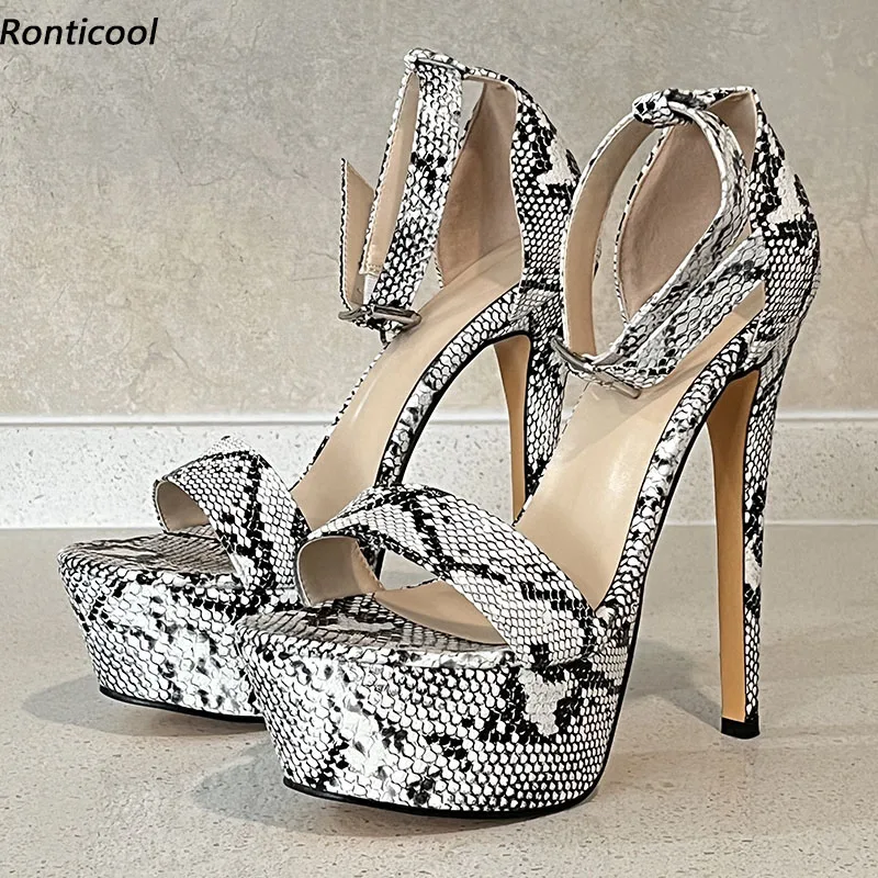 

Реальные фотографии Ronticool, женские летние сандалии на платформе, пикантные змеиные туфли на шпильках с открытым носком, сказочные Черные искусственные туфли, американский размер 5-20