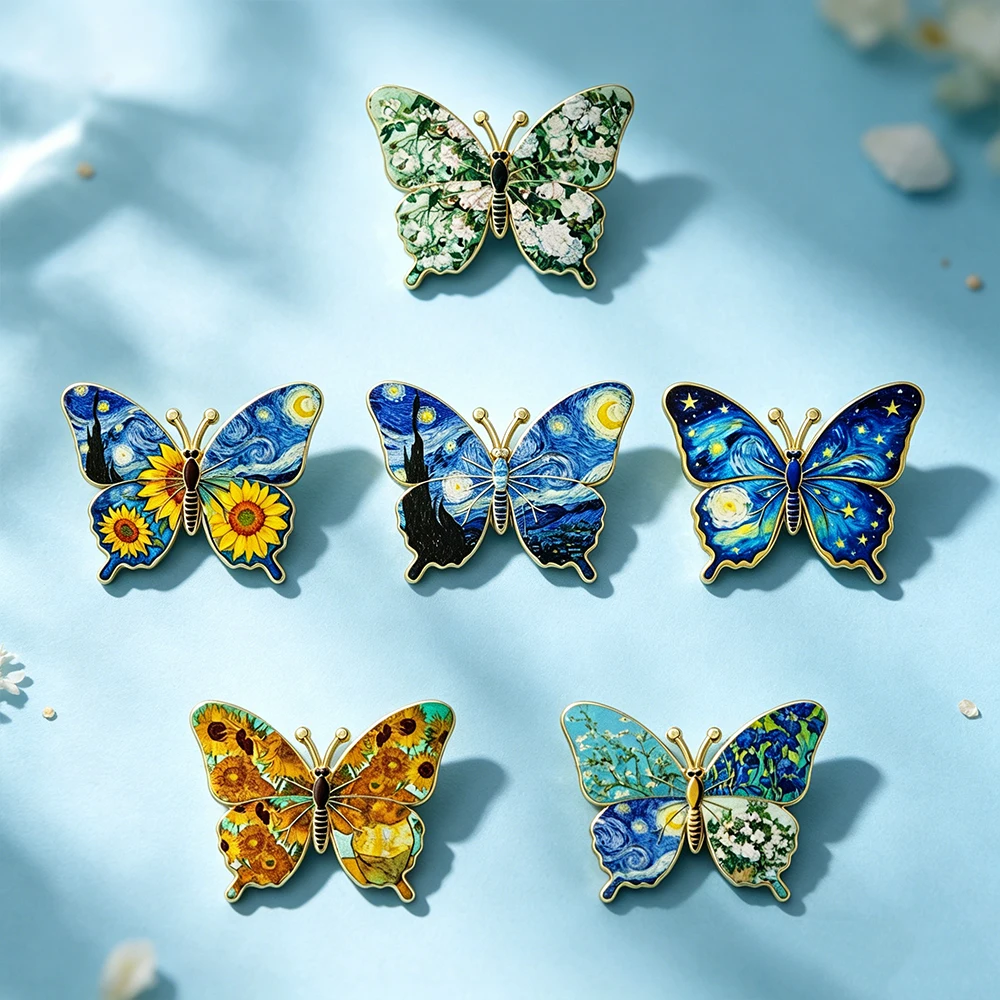 Van Gogh Ölgemälde Schmetterling Emaille-Broschen-Set, Sternennacht Sonnenblumen Blumen-Anstecknadeln, Künstlerische Abzeichen für Jacken und Rucksäcke – Detail 1