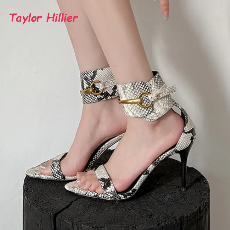 

Snakeskin Print Pointed Toe Stiletto Heel Sandals Wide Cuff Ankle Strap Women's T-Strap High Heels 2026 Fashion for Party